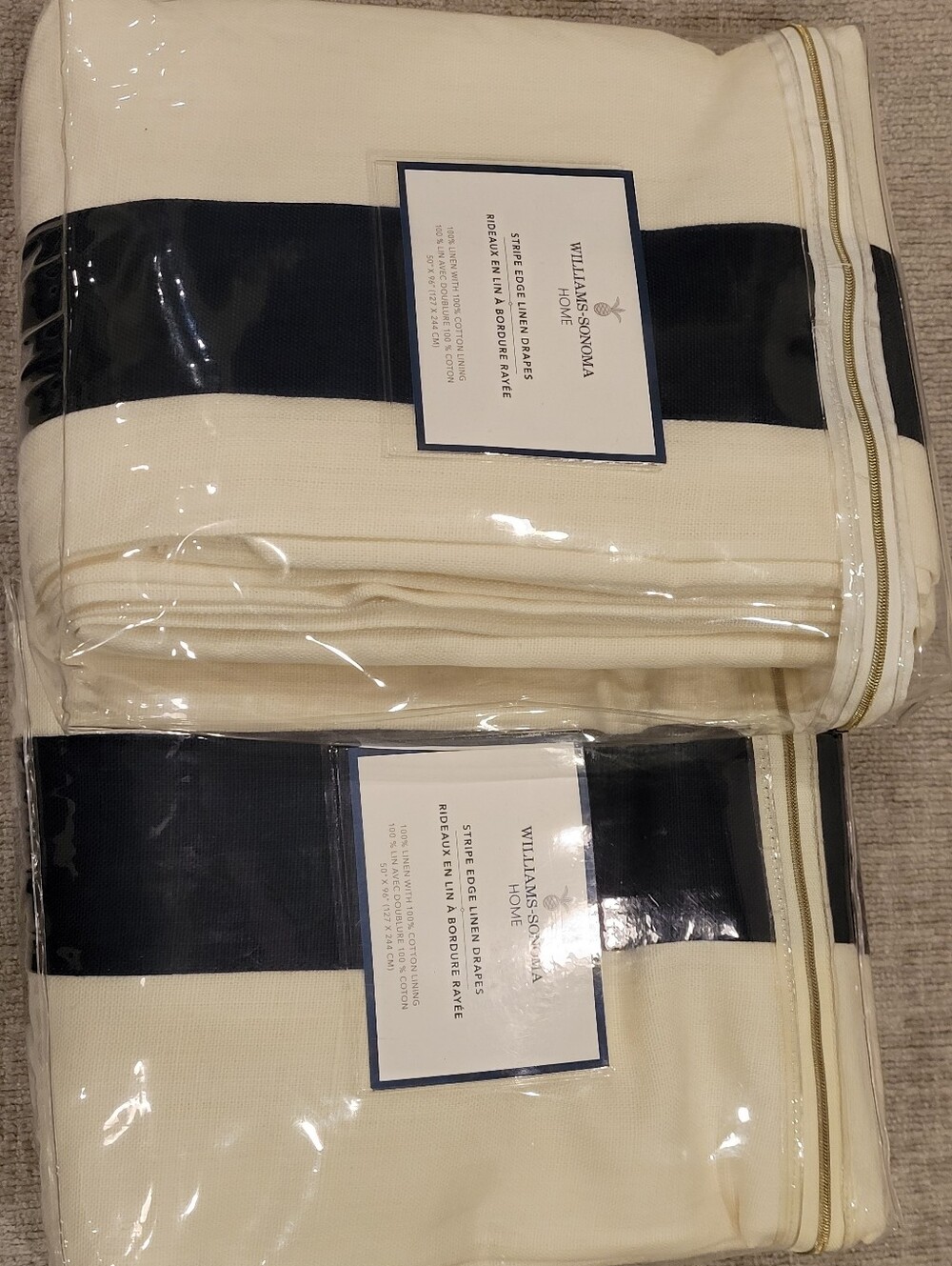 new Williams Sonoma Linen drapes window panels 96" white w/ blue edge - set of 2